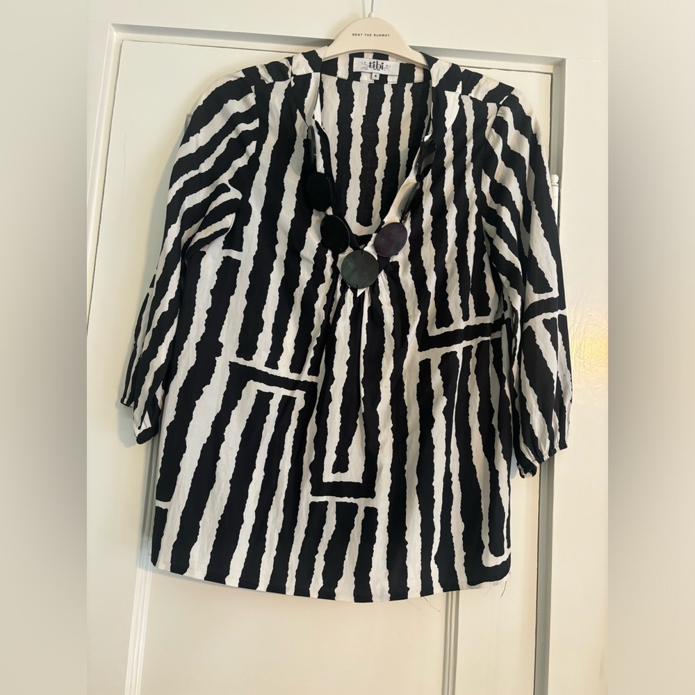 Tibi Silk Tunic Striped Beaded Embellished Blue Top Blouse